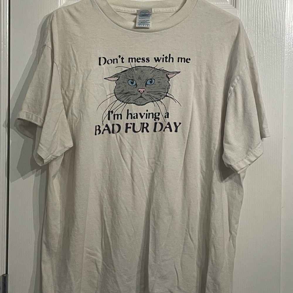 Vintage Cream Cat Bad Fur Day Graphic Short Sleeve Tee Size Large